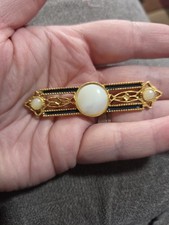 Vintage Gold Toned  Art Deco Round Luster Opal Glass Stone Enameled Brooch