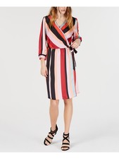 BAR III Womens Black Belted Striped V Neck Knee Length Party Wrap Dress S