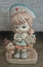 `Vtg   1950s Porcelain Nurse With Dog Figurine 6.5"  Cracks See Pictures