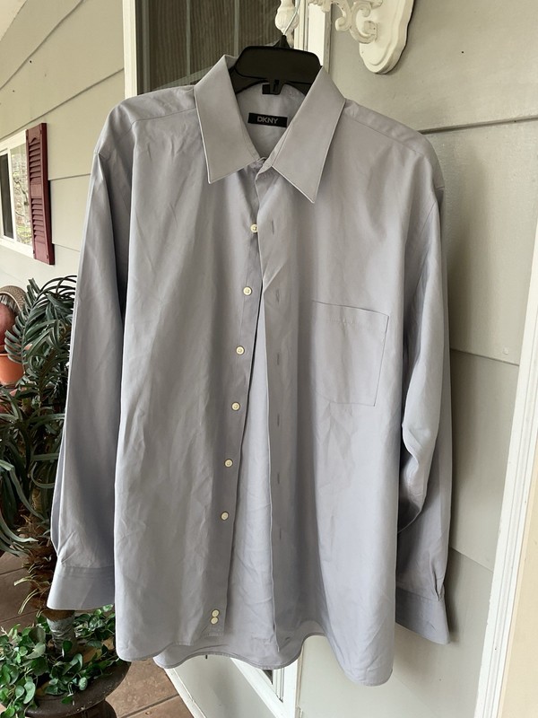 DKNY Mens Dress Shirt Long Sleeve Button Gray size 17.5 34/35 Pocket Collar Nice