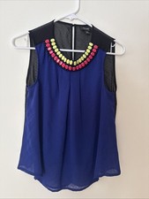 Women  s Nicole By Nicole Miller Blue Black Sheer Sleeveless Blouse Top S READ