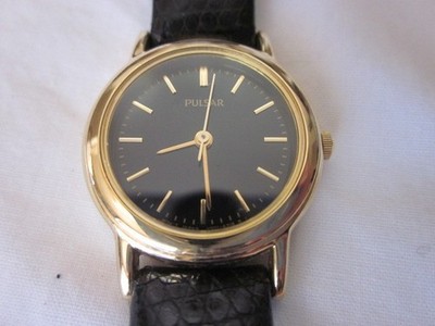 Pulsar Woman's Watch Gold Black Dial V501-X025  Speidel Leather Strap