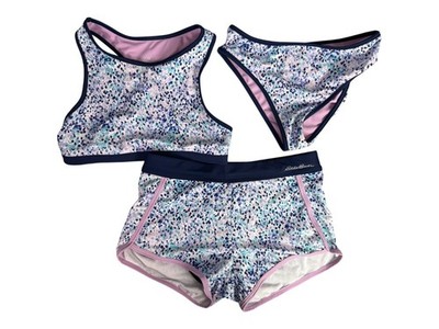 Eddie Bauer Girl's M 10-12 Reversible 3-Piece Swimsuit with Shorts Purple Blue
