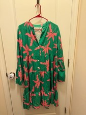 SHEIN Green Pink Leaf Print Tiered Mini Dress Flounce Sleeve Ruffle Hem