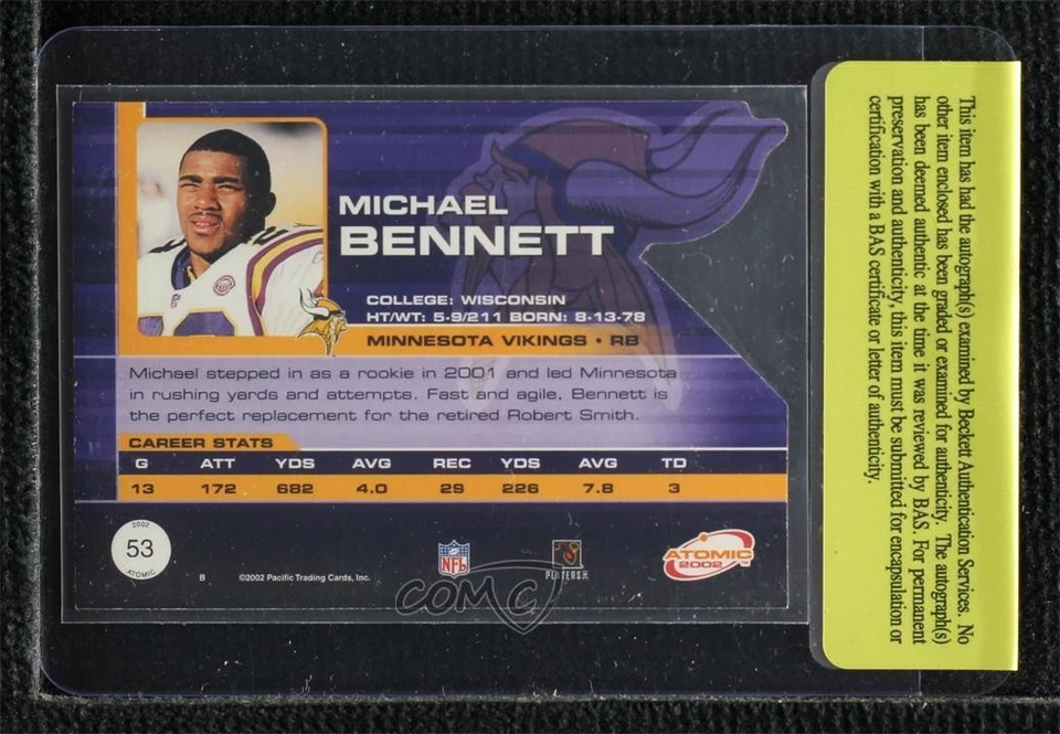 BAS 2002 Pacific Atomic Michael Bennett #53 Authentic Auto - Image 2 of 2