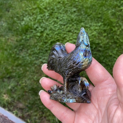 RARE DELICATE Detailed CHINESE LABRADORITE HANDWORK CARVED ROOSTER 3.75” X 2.75 - Picture 11 of 12