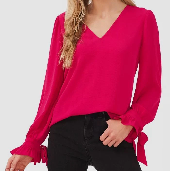 pink v neck long sleeve top