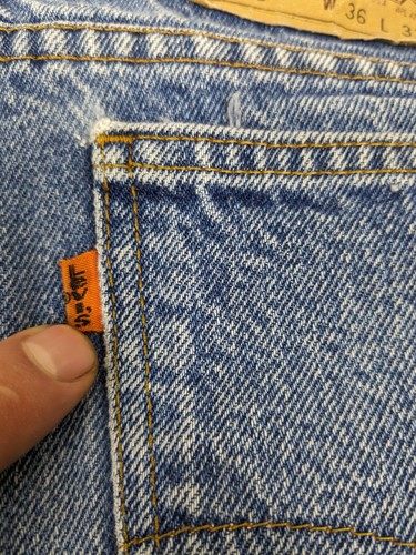 Jeans uomo vintage arancione tab Levis 505 36x31 anni 90 blu chiaro USA lavato difetto - Foto 13 di 19