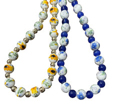 Artisan Blue & White Yellow & White Ceramic Beaded 20" Necklace Printed Flowers