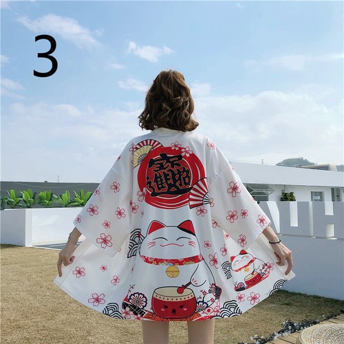 Lady Girls Japanese Kimono Coat Loose Yukata Outwear Tops Fortune Lucky Cat Cute - Picture 4 of 15