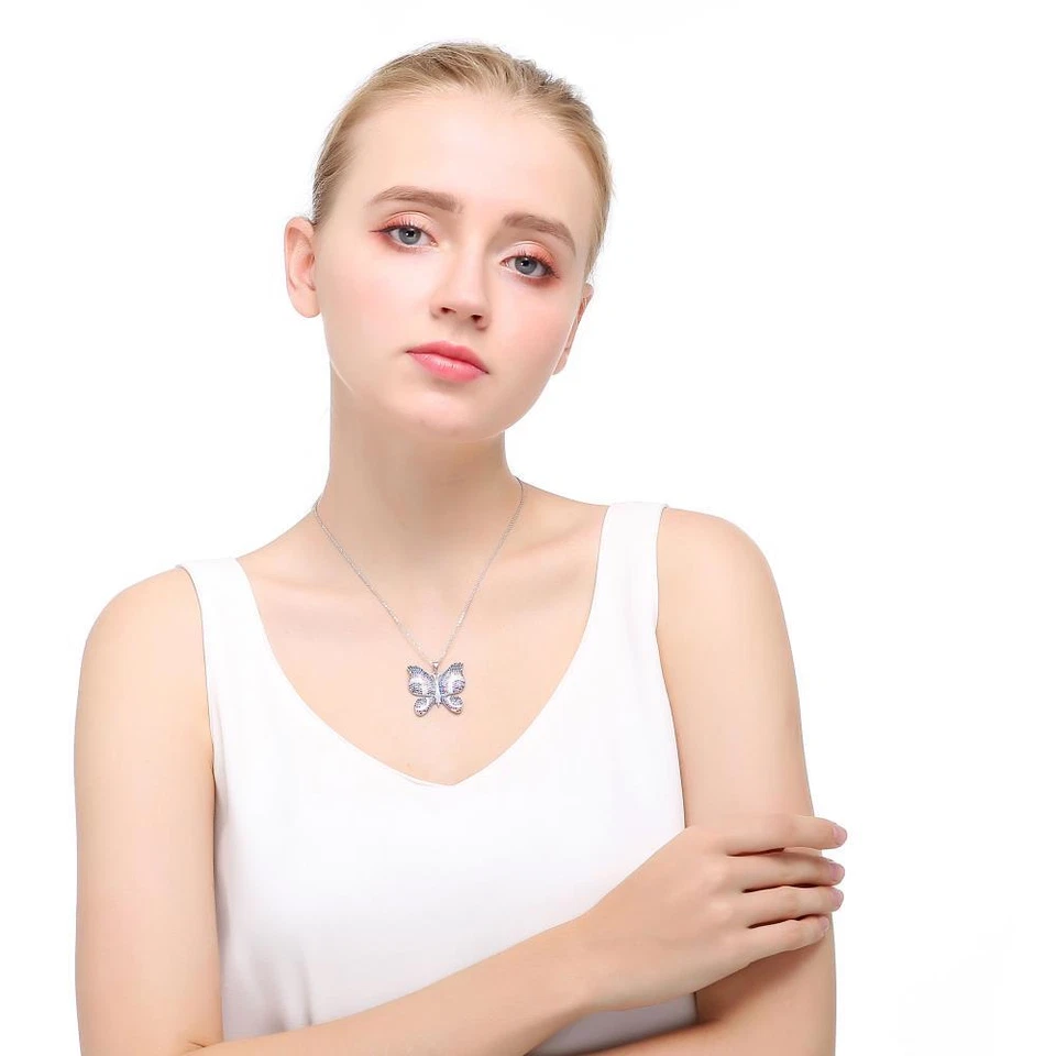 Родий покрытием бабочка ожерелье с розовый, синий и прозрачный CZ камни на Matashi - Изображение 2 из 4