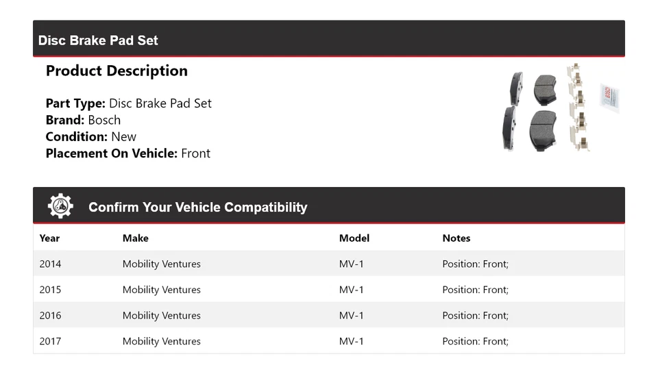 Juego de pastillas de freno de disco delanteras para Mobility Ventures MV-1 Bosch 2014-2017 2015 2016 Foto 2 de 4