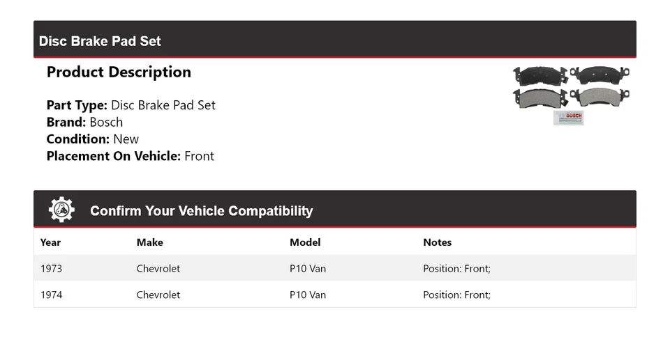 Передние полуметаллические тормозные колодки повышенной прочности для Chevrolet P10 Van Bosch 1973-1974 годов выпуска - Изображение 2 из 3