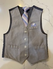 Nautica Boys Suit Vest  Tie Set Size 4 Gray Blue Striped Dressy Suit