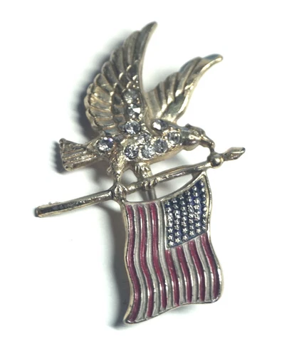VTG Coro WWII 1940's Sterling, Rhinestone & Enamel Eagle & American Flag Brooch