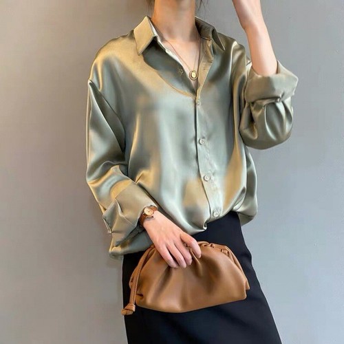 Spring Button Up Satin Silk Shirt Vintage Autumn Blouse Women White Lady Long - Bild 11 von 19