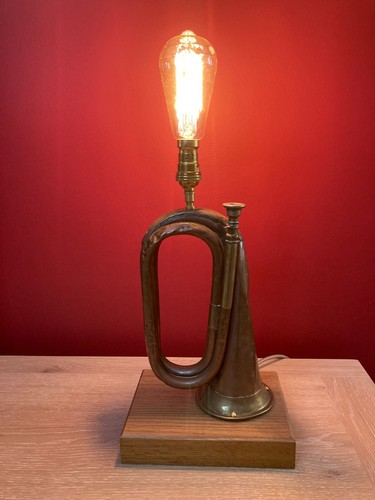 Upcycled Copper & Brass Military Bugle Table Lamp Oak Hardwood Edison Bulb New - Picture 5 of 5