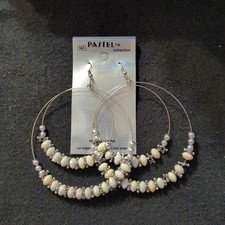 Pastel Collection Silver Tone White Beaded Hoop Dangle Statement Earrings