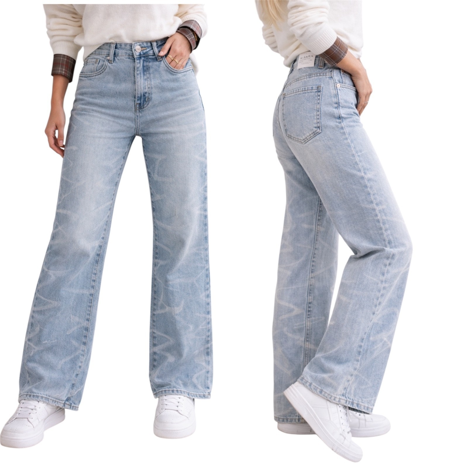 Wide Leg Damen Jeans Hose Stretch Loose Fit DENIM High Waist XS S M L XL - J13