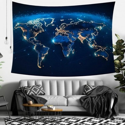 1pc Digital Illuminated World Map Tapestry - Vibrant Blue & Golden Globe Wall Ha