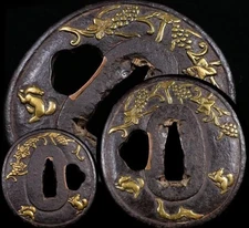 TSUBA Grapes & Squirrels Heianjo Brass Inlay Japanese Sword Guard Edo Antique