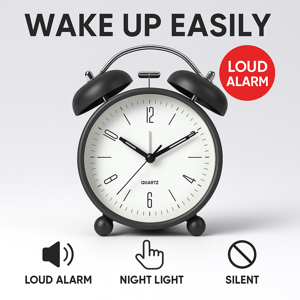Loud Non Ticking Analog Bedside Clock With Night Light