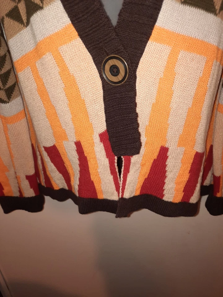 Sparrow Anthropologie 棕色几何开衫毛衣 L 码亚麻棉羊毛 — 第 3/4 张图片