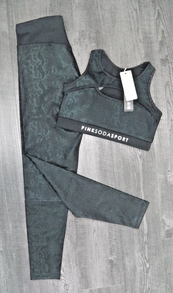 BNWT WOMENS PINK SODA SPORTS BRA & LEGGINGS SIZE 10 GYM YOGA RUN PILATES TOP BLK - Image 2 of 4