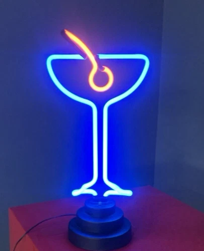 Vintage Neon Sign Sculpture Martini Glass Blue Red Bar Cocktail