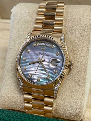 Rolex Day-Date President 36 18238 Custom Black MOP Diamond Lugs Complete Mint