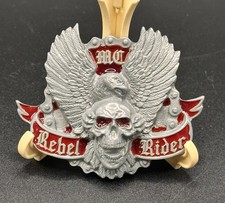 Skull Eagle MC Rebel Rider Belt Buckle Silver Tone w Red Enamel Vintage