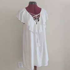 DO+BE White Lace Up Ruffle Collar Mini Shift Dress Sleeveless Tassel Medium