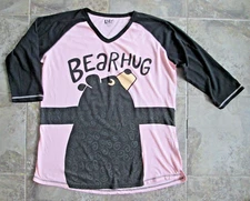 Lazy One Women's Large Pajama Shirt Tall Tee Bear Hug Black Pink Raglan Cotton