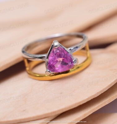 Natural Pink Ruby Trillion 925 Sterling Silver Anniversary Ring CERTIFIED
