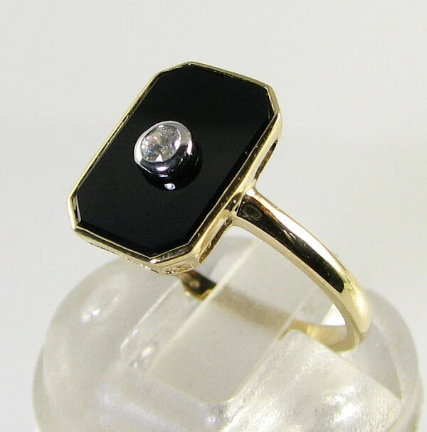 LARGE 9K 9CT GOLD ONYX DIAMOND ART DECO INS MOURNING RING FREE RESIZE - Image 2 of 4