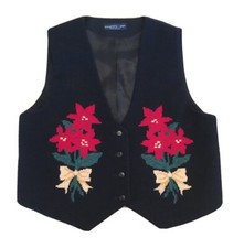 Eagles Eye Womens XL Black Wool Vest Needlepoint Red Pointesetia Holiday Xmas