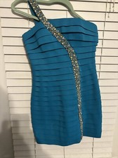 Sherri Hill Turquoise Silver Beaded One Shoulder Bandage Dress Size 8