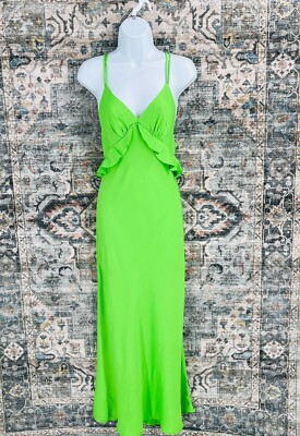 Farm Rio Ruffle Midi Dress Size M Satin Strappy Back Lime Green Plunge New  Tags | eBay