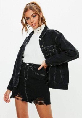 Missguided Black Denim Distressed Contrast Stitching Mini Skirt