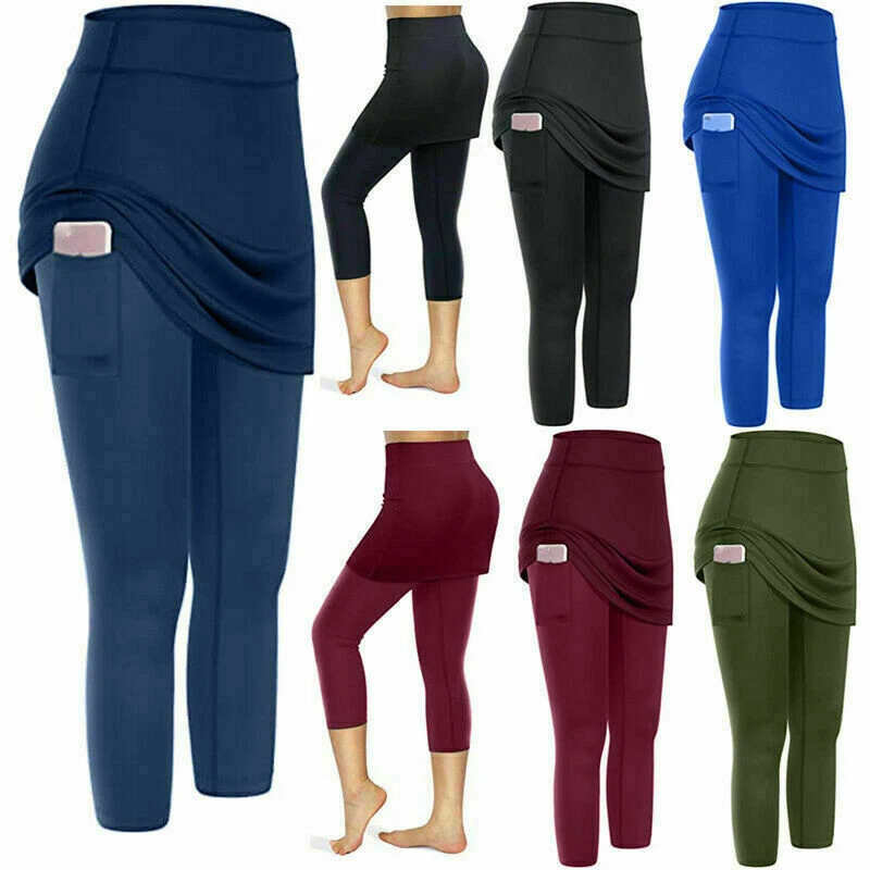 Womens Skirted Leggings Elastic Sports Capris Skirts Yoga Fitness with  Pockets 