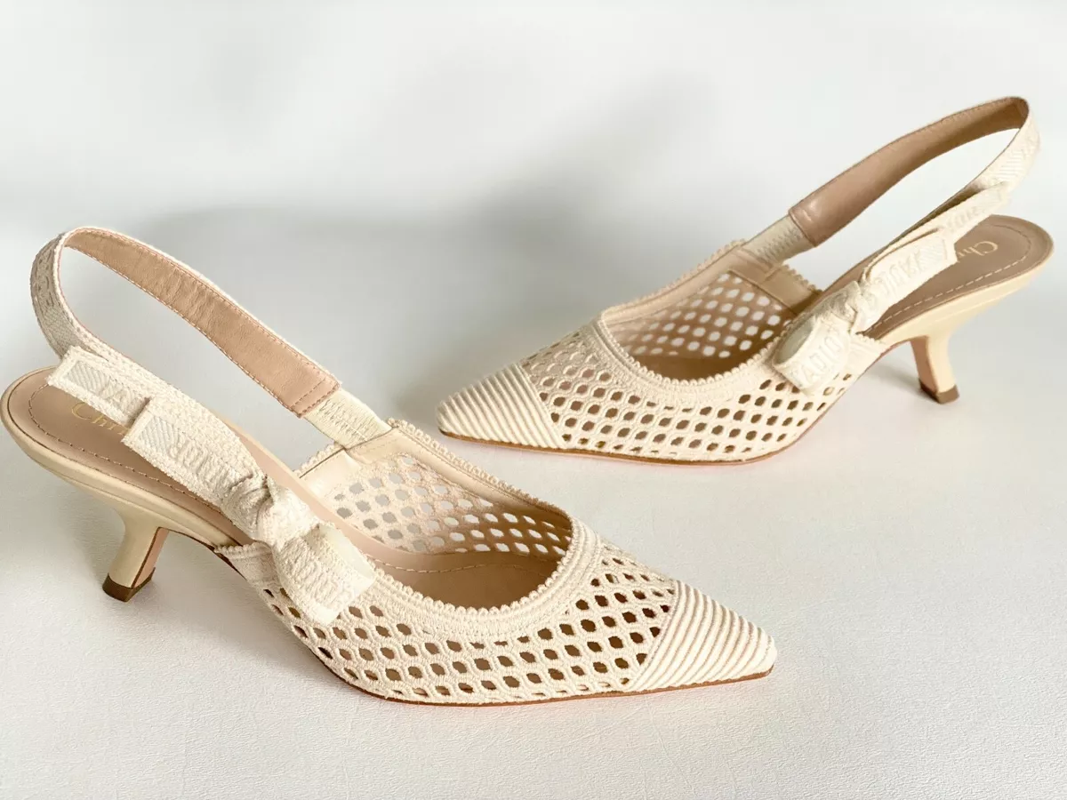 CHRISTIAN DIOR J ADIOR FABRIC RIBBON CREAM OFFWHITE SLINGBACK KITTEN HEELS 36