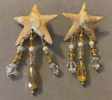 LUNCH AT THE RITZ 1988 Crescent Moon Star Dangle Crystal Enamel Post Earrings