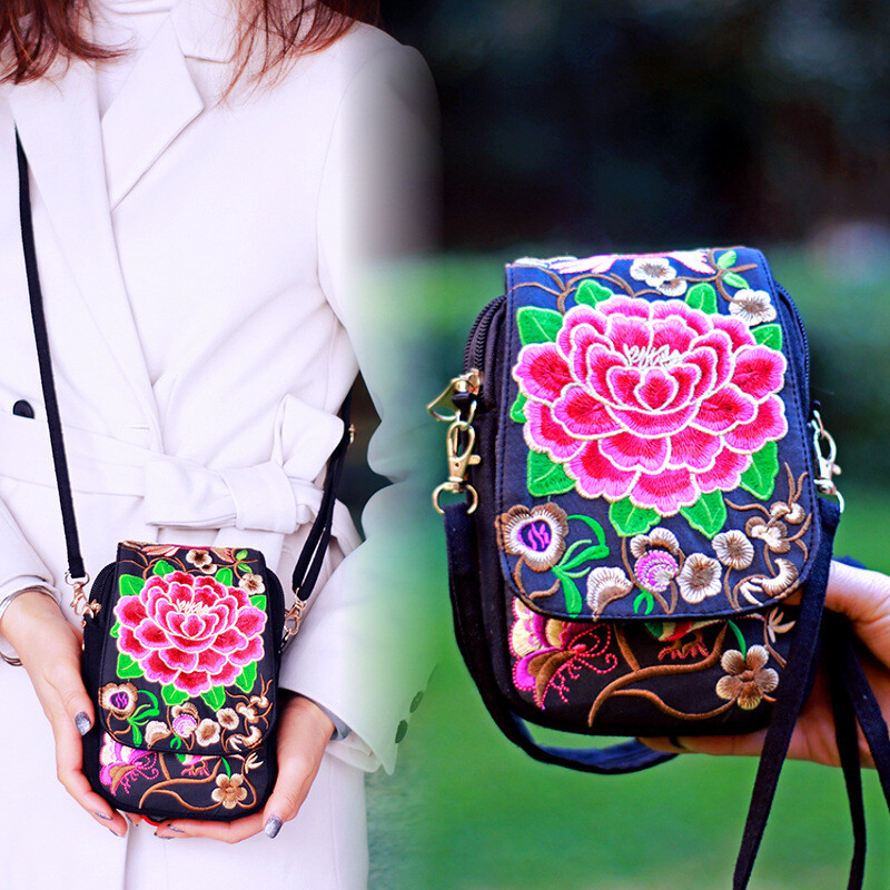 Retro Ethnic Women Cell Phone Bag Embroider Purse Messenger
