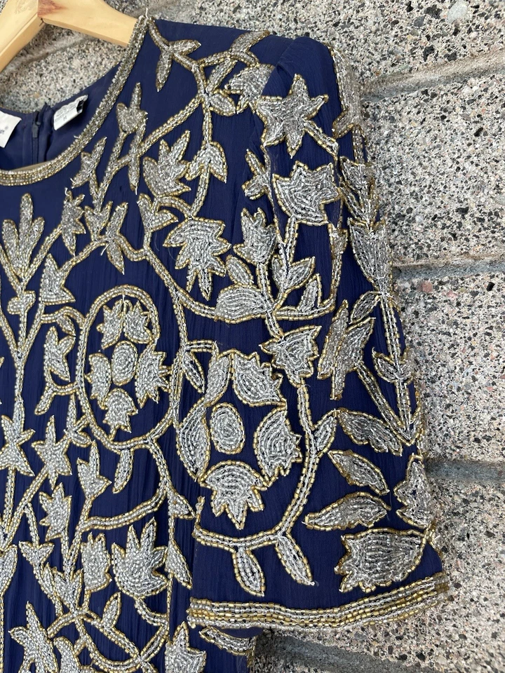 80-е Lawrence Kazar темно-синий шелк платье бисером блестки вечеринки коктейль размер M - Изображение 3 из 4