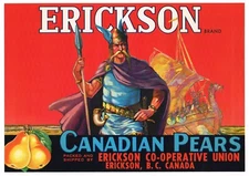 AUTHENTIC PEAR CRATE LABEL CANADA CANADIAN VINTAGE ERICKSON B.C. VIKING NORSEMAN
