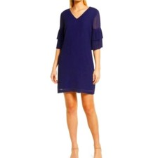 Sam Edelman Chiffon Size 6 Pleat Sleeve Shift Cocktail Dress In Navy Blue