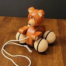 FAO Swartz Teddy Bear Wooden Brown Pull Baby Toy Wood