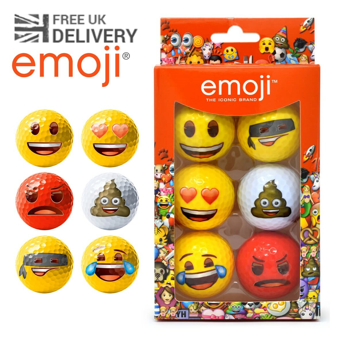 Emoji Novelty Golf Balls (Pack of 6) Happy Poop Bandit Angry
