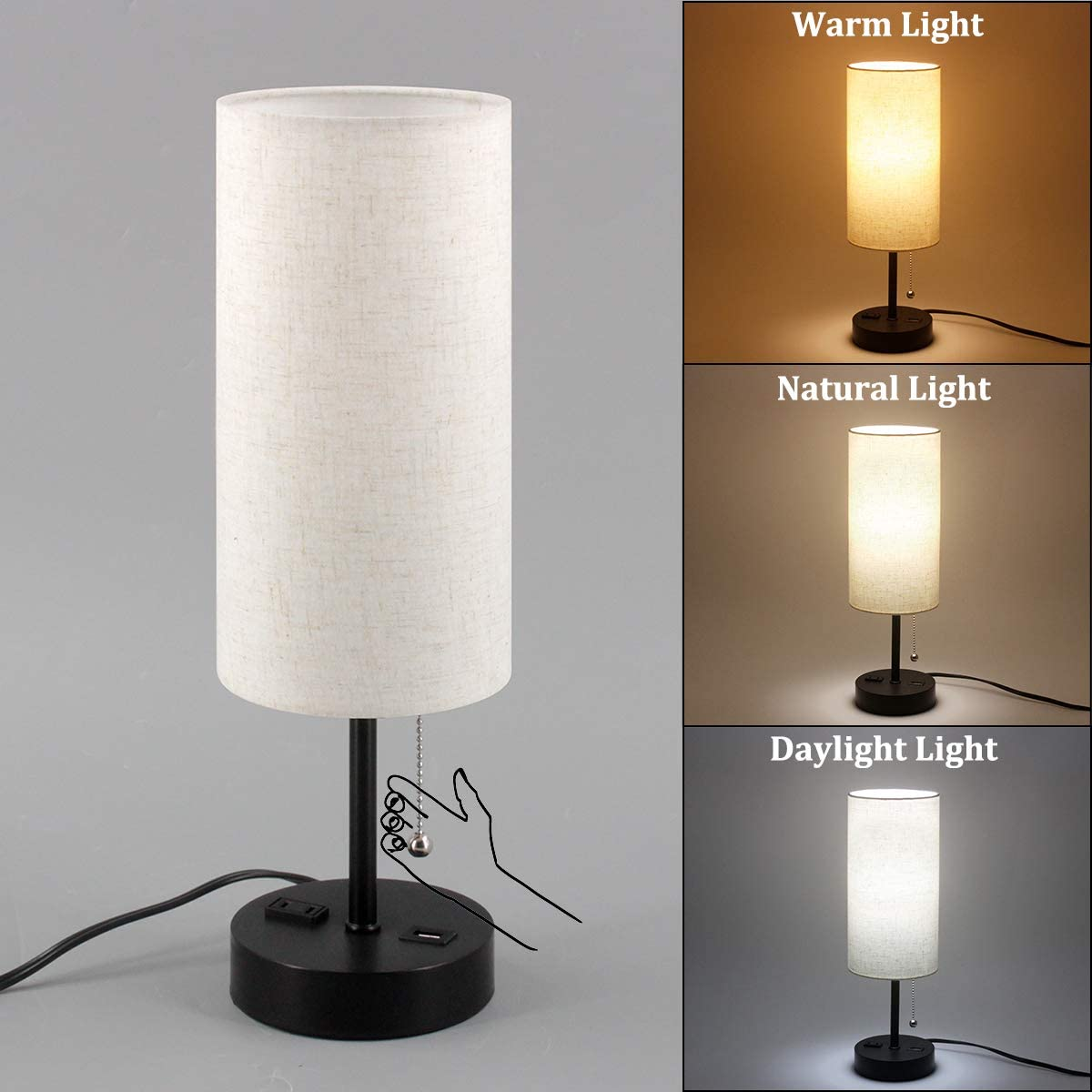 USB Bedside Table Lamp, 2700K 4000K 5000K Nightstand Lamp with