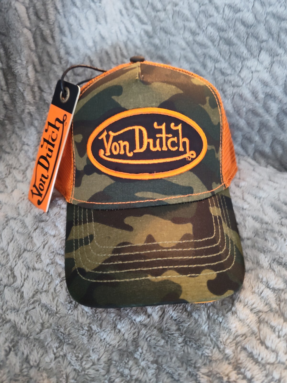 Von Dutch Green Camo Orange Logo Patch Mesh Trucker Hat SnapBack Adjustable